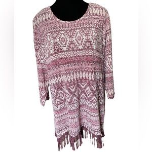 Signature Studio Plus Size Southwestern Western Tribal Lace Fringe Stretch Top